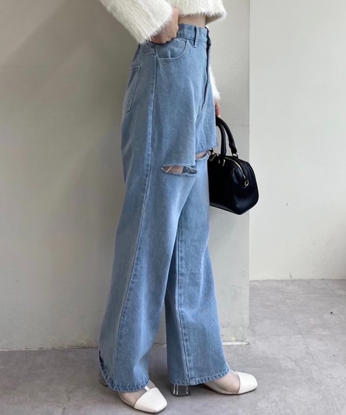 one after another NICE CLAUP（ワンアフターアナザーナイスクラップ）の「【S,Mサイズ】カッティングワイドデニムパンツ（デニムパンツ・レディース・ピンク/グレー/サックスブルー・SMALL/MEDIUM）」の8枚目の写真