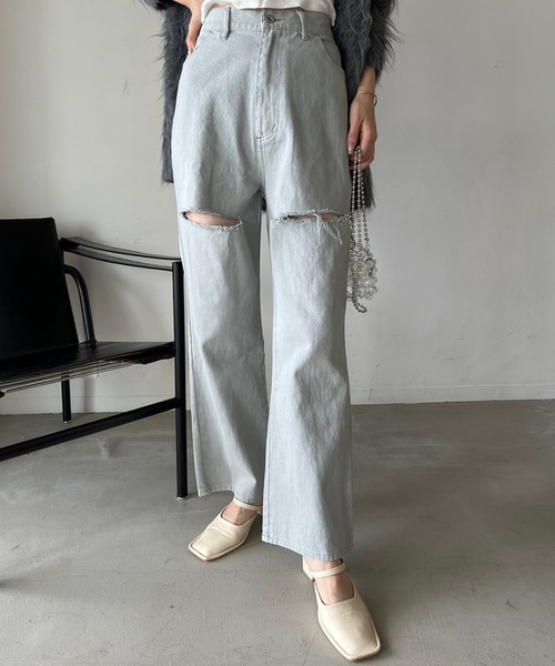 one after another NICE CLAUP（ワンアフターアナザーナイスクラップ）の「【S,Mサイズ】カッティングワイドデニムパンツ（デニムパンツ・レディース・ピンク/グレー/サックスブルー・SMALL/MEDIUM）」の15枚目の写真