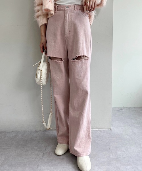 one after another NICE CLAUP（ワンアフターアナザーナイスクラップ）の「【S,Mサイズ】カッティングワイドデニムパンツ（デニムパンツ・レディース・ピンク/グレー/サックスブルー・SMALL/MEDIUM）」の18枚目の写真