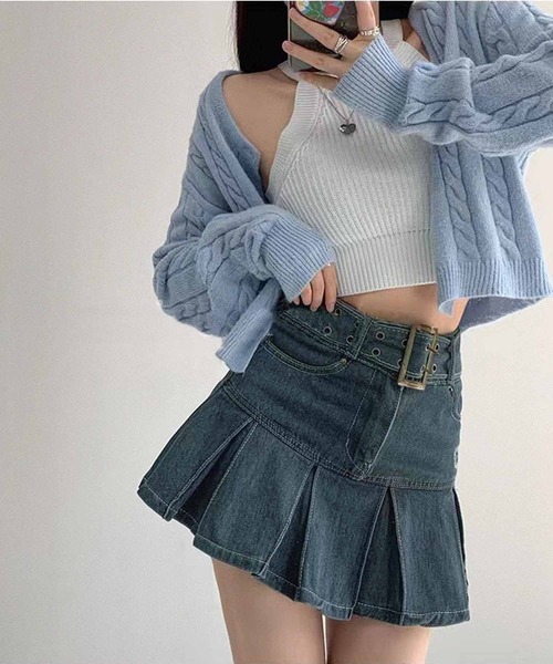 NANEA（ナネア）の「ハイウエストベルト付きデニムミニスカート（デニムスカート・レディース・ブラック/ブルー・SMALL/MEDIUM/LARGE）」の6枚目の写真