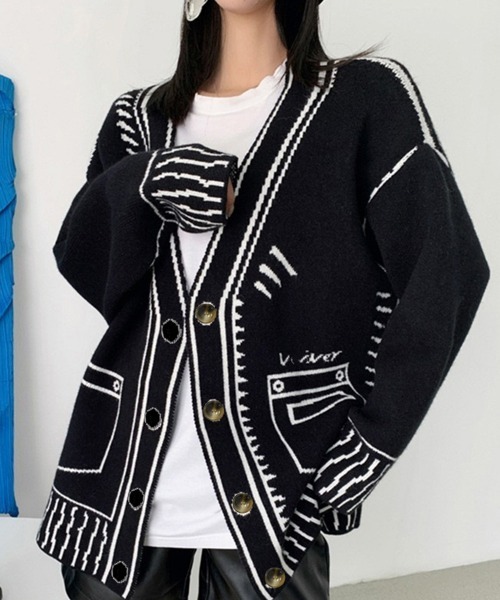 Miniministore(ミニミニストア)の「ニットカーディガン秋冬ニットトップス韓国(カーディガン/ボレロ・レディース・ホワイト/ブラック・フリー)」の1枚目の写真