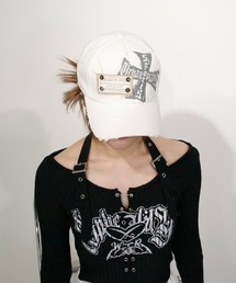 XU | ストリートファッション XU エックスユー cross damage cap 十字架 デニムキャップ ボールキャップ ロゴキャップ 刺しゅうロゴ 帽子 グランジ 韓国ストリート 韓国ファッション(キャップ)