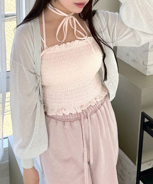 OLIVE des OLIVE(オリーブデオリーブ)の「リボンビジューキラキラシアカーデ 1041050330(カーディガン/ボレロ・レディース・ピンク/オフホワイト/サックスブルー/ブラック・FREE)」の5枚目の写真