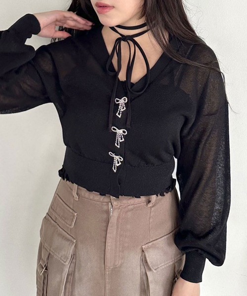 OLIVE des OLIVE(オリーブデオリーブ)の「リボンビジューキラキラシアカーデ 1041050330(カーディガン/ボレロ・レディース・ピンク/オフホワイト/サックスブルー/ブラック・FREE)」の11枚目の写真