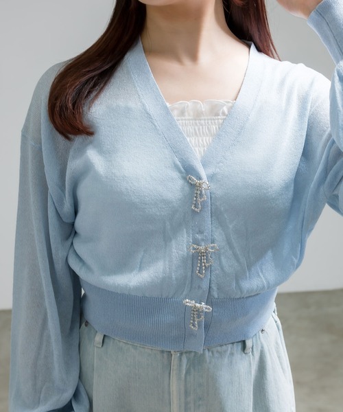 OLIVE des OLIVE(オリーブデオリーブ)の「リボンビジューキラキラシアカーデ 1041050330(カーディガン/ボレロ・レディース・ピンク/オフホワイト/サックスブルー/ブラック・FREE)」の12枚目の写真