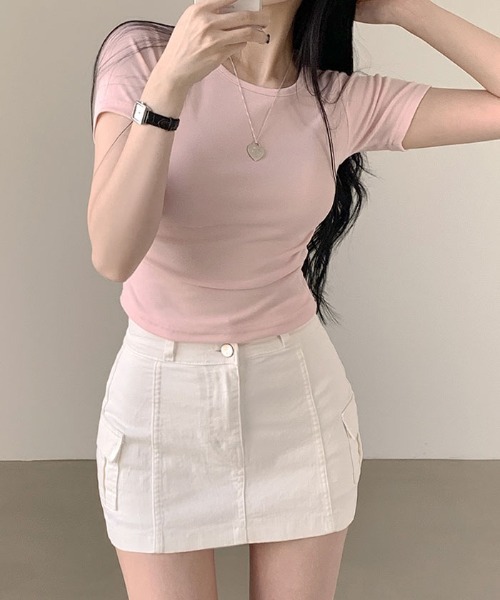 VIVID LADY(ビビッドレディー)の「サイドシャーリング入り半袖Tシャツ レディース 夏 バレエコア Tシャツ(Tシャツ/カットソー・レディース・カーキ/ネイビー/ブラック/ピンク/ホワイト/ワイン・FREE)」の5枚目の写真