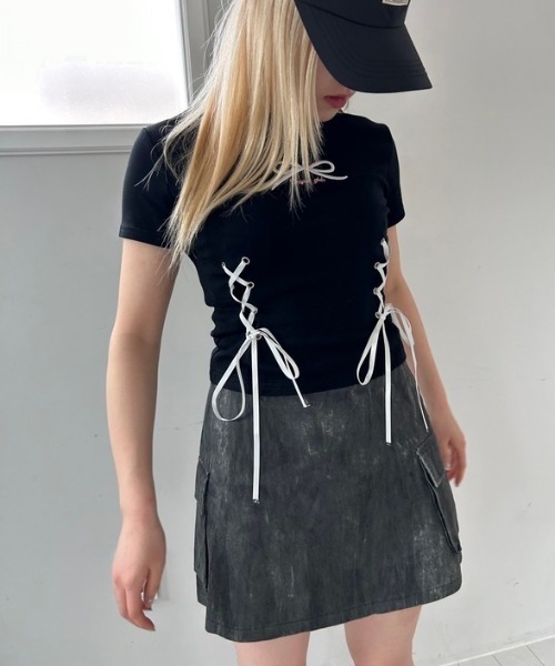 ipugo(イプゴ)の「ipugo/イプゴ リボン刺繍 クロップドTシャツ 夏物 夏服(Tシャツ/カットソー・レディース・ブラック/イエロー/ブルー・FREE)」の11枚目の写真