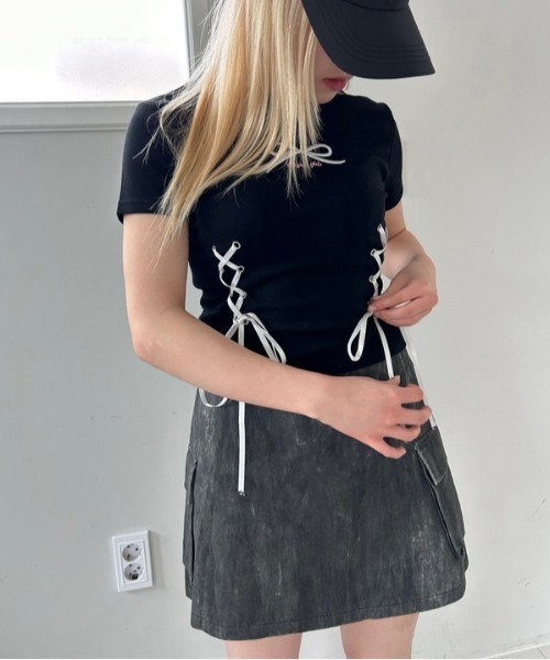 ipugo(イプゴ)の「ipugo/イプゴ リボン刺繍 クロップドTシャツ 夏物 夏服(Tシャツ/カットソー・レディース・ブラック/イエロー/ブルー・FREE)」の12枚目の写真