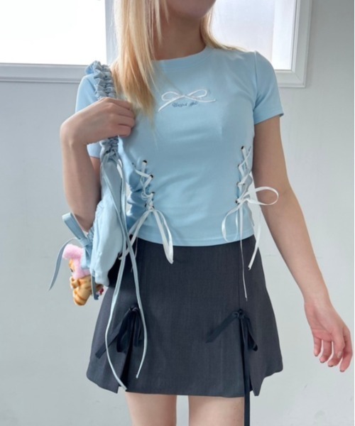 ipugo(イプゴ)の「ipugo/イプゴ リボン刺繍 クロップドTシャツ 夏物 夏服(Tシャツ/カットソー・レディース・ブラック/イエロー/ブルー・FREE)」の15枚目の写真