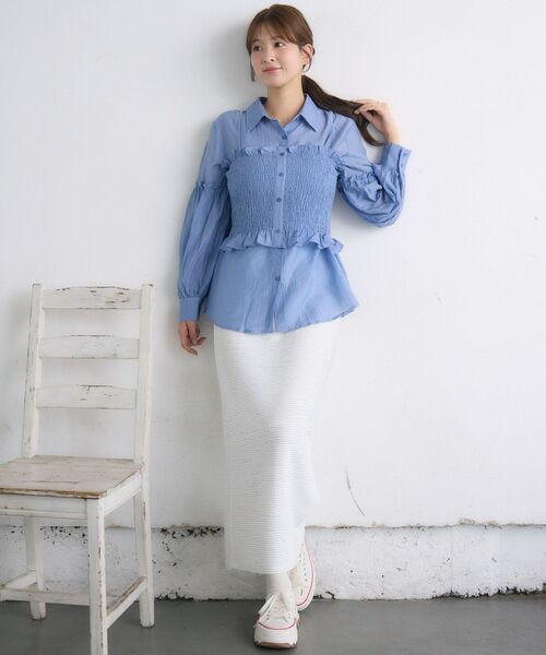 【美品】コーデ売り♡ゆるシャツ×シャーリングキャミ＆レザースカート セール】シャーリングキャミsetシャツ（シャツ/ブラウス）｜RETRO GIRL