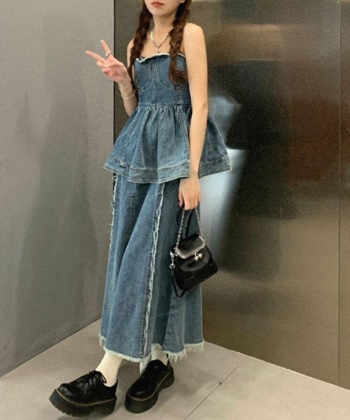 gossip!ロサンゼルス(ゴシップロサンゼルス)の「2点セット ペプラムキャミソール&デニムスカート /ビスチェ(スカート・レディース・ブルー・S/M/L)」の8枚目の写真