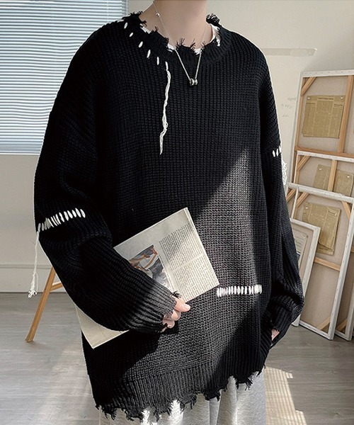 SEN TOKYO（セントーキョー）の「こなれ感を演出。ハンドステッチ ダメージニット（ニット/セーター・メンズ・ホワイト/ブラック・L/M）」の2枚目の写真