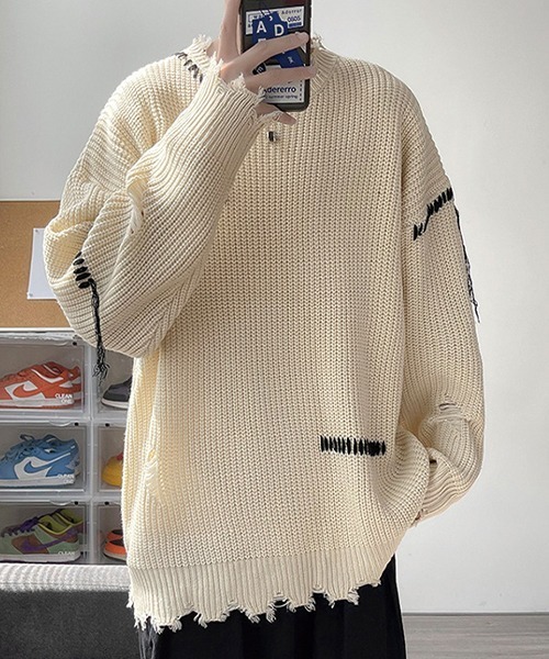 SEN TOKYO（セントーキョー）の「こなれ感を演出。ハンドステッチ ダメージニット（ニット/セーター・メンズ・ホワイト/ブラック・L/M）」の6枚目の写真