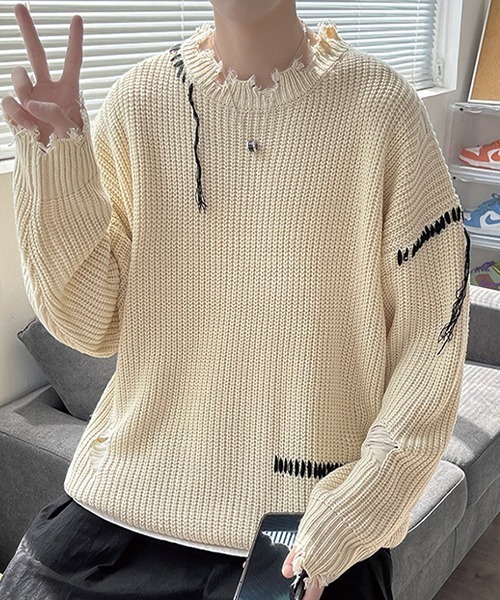 SEN TOKYO（セントーキョー）の「こなれ感を演出。ハンドステッチ ダメージニット（ニット/セーター・メンズ・ホワイト/ブラック・L/M）」の7枚目の写真