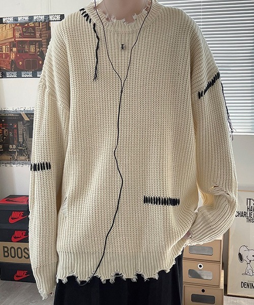 SEN TOKYO（セントーキョー）の「こなれ感を演出。ハンドステッチ ダメージニット（ニット/セーター・メンズ・ホワイト/ブラック・L/M）」の8枚目の写真