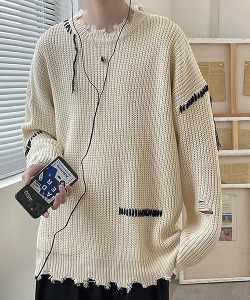 SEN TOKYO（セントーキョー）の「こなれ感を演出。ハンドステッチ ダメージニット（ニット/セーター・メンズ・ホワイト/ブラック・L/M）」の9枚目の写真