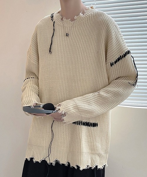 SEN TOKYO（セントーキョー）の「こなれ感を演出。ハンドステッチ ダメージニット（ニット/セーター・メンズ・ホワイト/ブラック・L/M）」の10枚目の写真