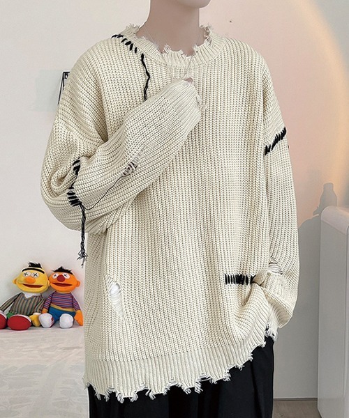 SEN TOKYO（セントーキョー）の「こなれ感を演出。ハンドステッチ ダメージニット（ニット/セーター・メンズ・ホワイト/ブラック・L/M）」の13枚目の写真