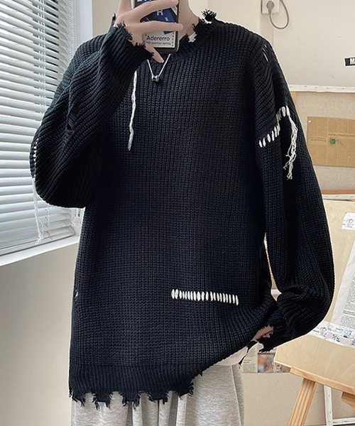 SEN TOKYO（セントーキョー）の「こなれ感を演出。ハンドステッチ ダメージニット（ニット/セーター・メンズ・ホワイト/ブラック・L/M）」の3枚目の写真