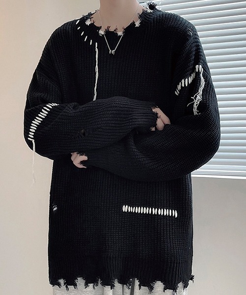 SEN TOKYO（セントーキョー）の「こなれ感を演出。ハンドステッチ ダメージニット（ニット/セーター・メンズ・ホワイト/ブラック・L/M）」の4枚目の写真