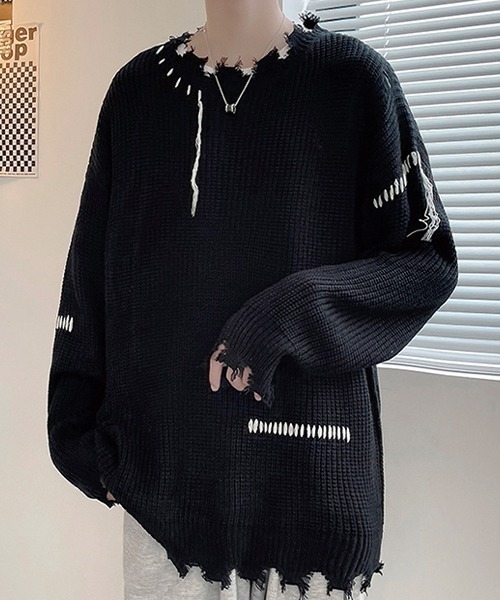 SEN TOKYO（セントーキョー）の「こなれ感を演出。ハンドステッチ ダメージニット（ニット/セーター・メンズ・ホワイト/ブラック・L/M）」の5枚目の写真