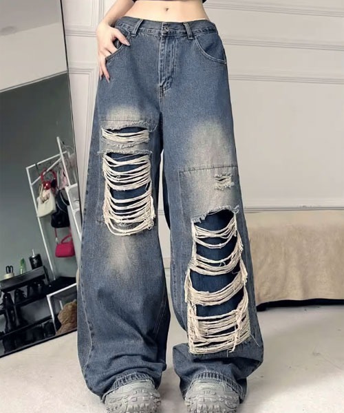 i-dare(アイディア)の「【i-dare】ヴィンテージ ダメージ加工 ワイド デニムパンツ(デニムパンツ・レディース・ブルー・SMALL/MEDIUM/LARGE)」の3枚目の写真