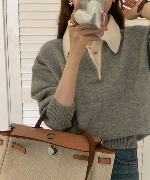 ECLIN（エクラン）の「配色ポロ衿ニットプルオーバー（ニット/セーター・レディース・グレー/ネイビー・FREE）」の2枚目の写真