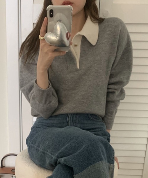 ECLIN（エクラン）の「配色ポロ衿ニットプルオーバー（ニット/セーター・レディース・グレー/ネイビー・FREE）」の3枚目の写真