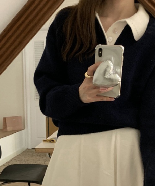 ECLIN（エクラン）の「配色ポロ衿ニットプルオーバー（ニット/セーター・レディース・グレー/ネイビー・FREE）」の4枚目の写真