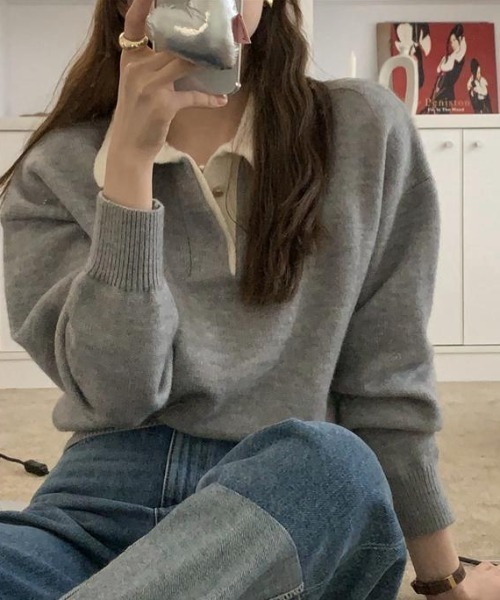 ECLIN（エクラン）の「配色ポロ衿ニットプルオーバー（ニット/セーター・レディース・グレー/ネイビー・FREE）」の5枚目の写真