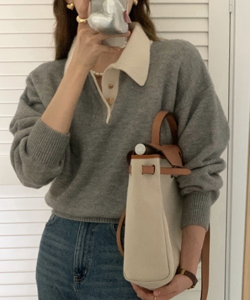 ECLIN（エクラン）の「配色ポロ衿ニットプルオーバー（ニット/セーター・レディース・グレー/ネイビー・FREE）」の6枚目の写真