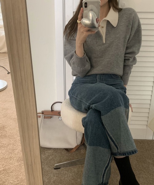 ECLIN（エクラン）の「配色ポロ衿ニットプルオーバー（ニット/セーター・レディース・グレー/ネイビー・FREE）」の7枚目の写真