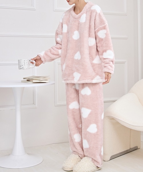 Lace Ladies（レースレディース）の「ラウンドネック 配色 ハート フリース ルームウエア（ルームウェア/パジャマ・レディース・ピンク/ホワイト・S/M/L）」の5枚目の写真