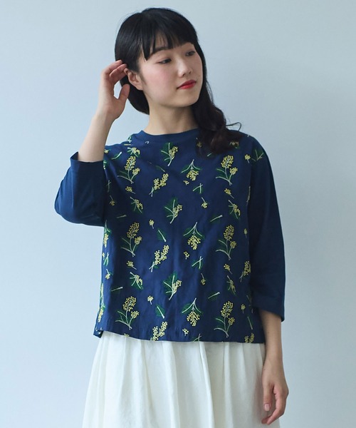 tシャツ ●ミモザ刺繍 7分袖プルオーバー レディース セール】○ミモザ刺繍 7分袖プルオーバー（Tシャツ/カットソー