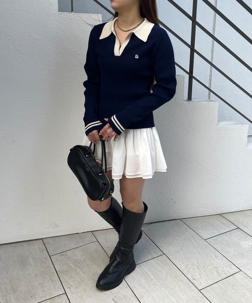 RAY CASSIN（レイカズン）の「胸刺繍スキッパーポロコンパクトニット（ニット/セーター・レディース・ブラック系その他2/ホワイト系その他2/ネイビー/レッド・FREE）」の12枚目の写真