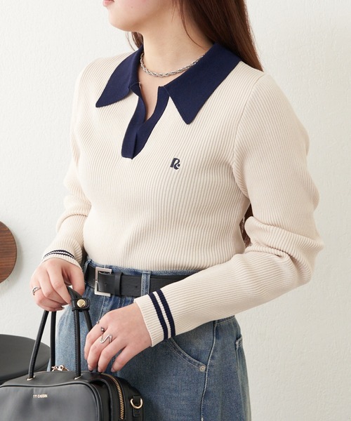 RAY CASSIN（レイカズン）の「胸刺繍スキッパーポロコンパクトニット（ニット/セーター・レディース・ブラック系その他2/ホワイト系その他2/ネイビー/レッド・FREE）」の5枚目の写真