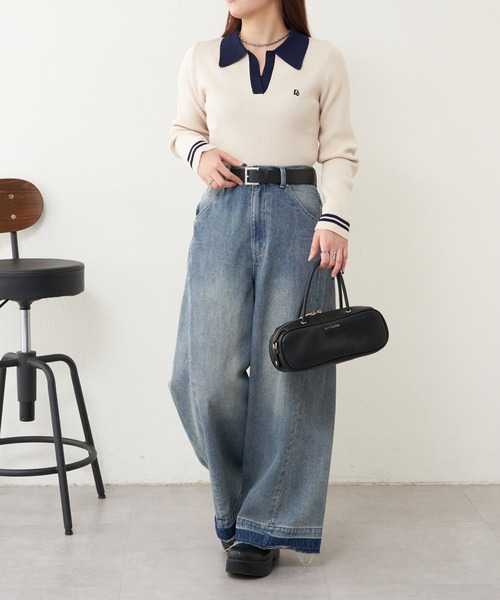 RAY CASSIN（レイカズン）の「胸刺繍スキッパーポロコンパクトニット（ニット/セーター・レディース・ブラック系その他2/ホワイト系その他2/ネイビー/レッド・FREE）」の7枚目の写真