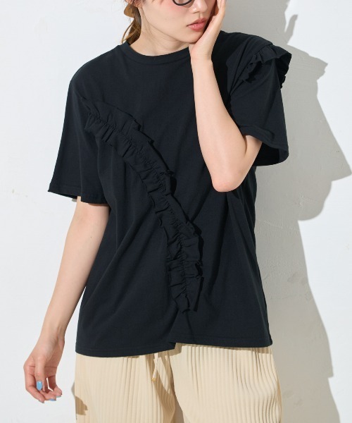 TRIANGLE PALETTE（トライアングルパレット）の「アシンメトリーフリル半袖Tシャツ（Tシャツ/カットソー・レディース・ホワイト/グレー/ブラック/ピンク・FREE）」の14枚目の写真