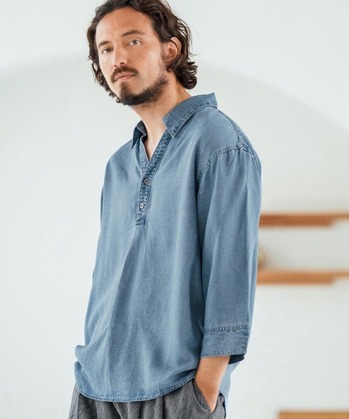 Magine(マージン)の「ms6044-Rayon Denim Fabric Skipper & pullover design 3-4 Sleeve shirt 7分袖シャツ(シャツ/ブラウス・メンズ・ワンウォッシュ/ダークインディゴブルー/ライトインディゴブルー・44/46/48)」の3枚目の写真