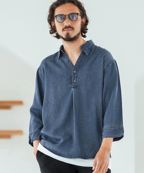 Magine(マージン)の「ms6044-Rayon Denim Fabric Skipper & pullover design 3-4 Sleeve shirt 7分袖シャツ(シャツ/ブラウス・メンズ・ワンウォッシュ/ダークインディゴブルー/ライトインディゴブルー・44/46/48)」の2枚目の写真
