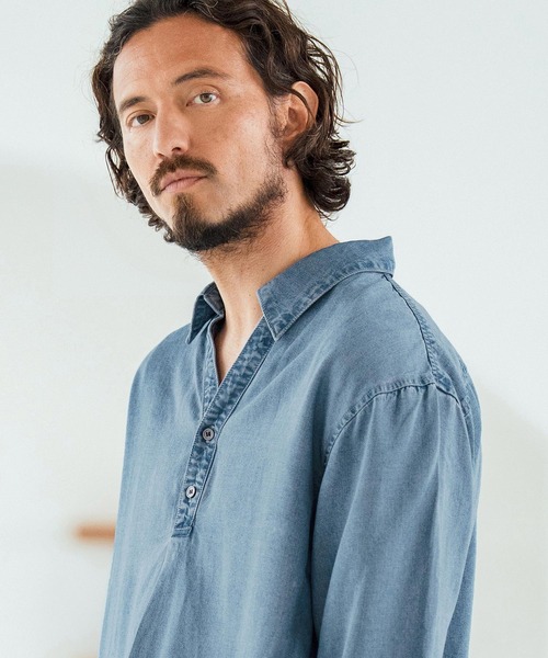 Magine(マージン)の「ms6044-Rayon Denim Fabric Skipper & pullover design 3-4 Sleeve shirt 7分袖シャツ(シャツ/ブラウス・メンズ・ワンウォッシュ/ダークインディゴブルー/ライトインディゴブルー・44/46/48)」の16枚目の写真