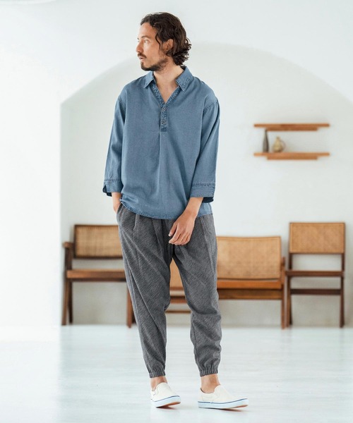 Magine(マージン)の「ms6044-Rayon Denim Fabric Skipper & pullover design 3-4 Sleeve shirt 7分袖シャツ(シャツ/ブラウス・メンズ・ワンウォッシュ/ダークインディゴブルー/ライトインディゴブルー・44/46/48)」の14枚目の写真