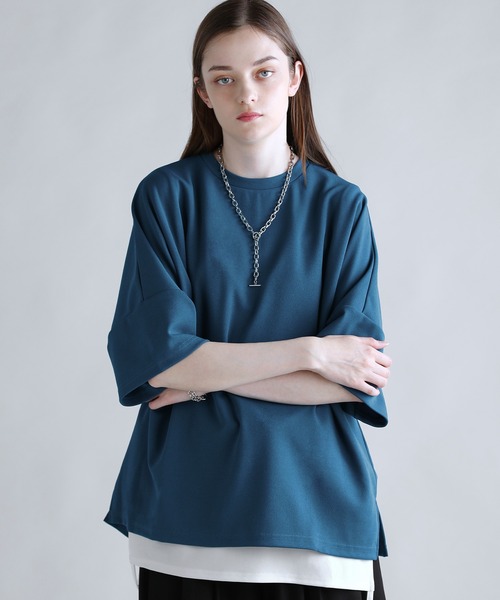 カットジョーゼットリラクシング5分袖ドレープドルマンTシャツ（T