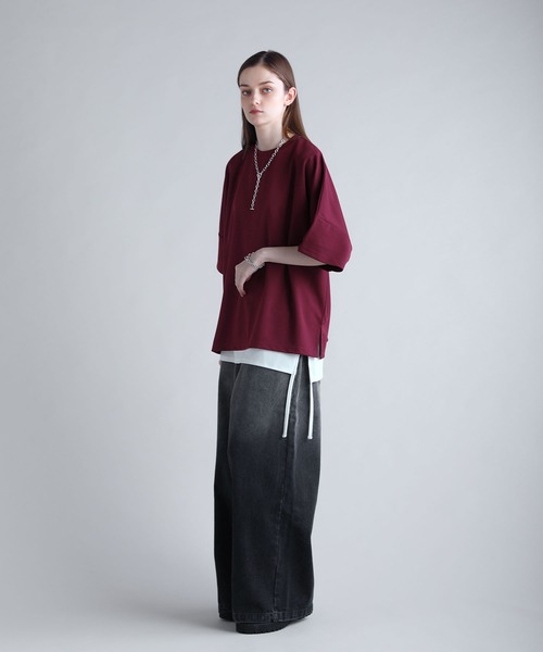 【おまけ付】 カットジョーゼットリラクシング5分袖ドレープドルマンTシャツ トップス
