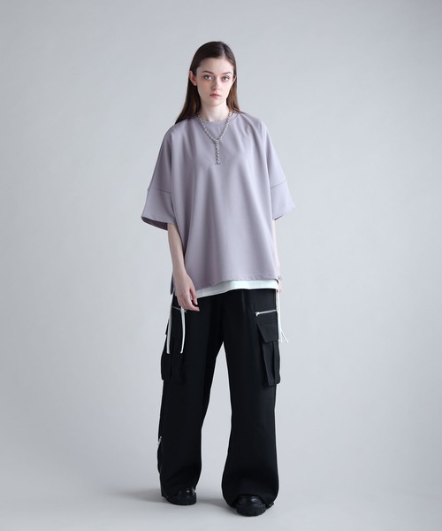 カットジョーゼットリラクシング5分袖ドレープドルマンTシャツ