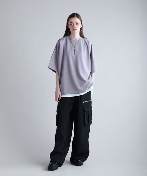 カットジョーゼットリラクシング5分袖ドレープドルマンTシャツ