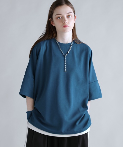 PLATS PLATS 濃い青 ドルマンスリーブ Tシャツ カットジョーゼットリラクシング5分袖ドレープドルマンTシャツ（T
