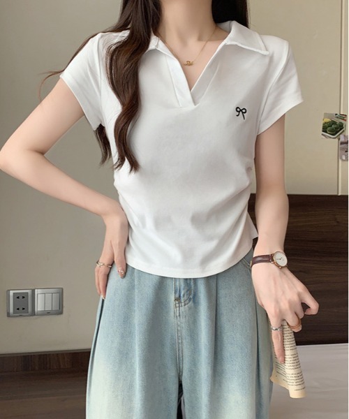 WEGO（ウィゴー）の「WEGO/前開きリボン刺繍ポロシャツTシャツ（Tシャツ/カットソー・レディース・ブラック/ホワイト/ピンク・LARGE/MEDIUM）」の11枚目の写真
