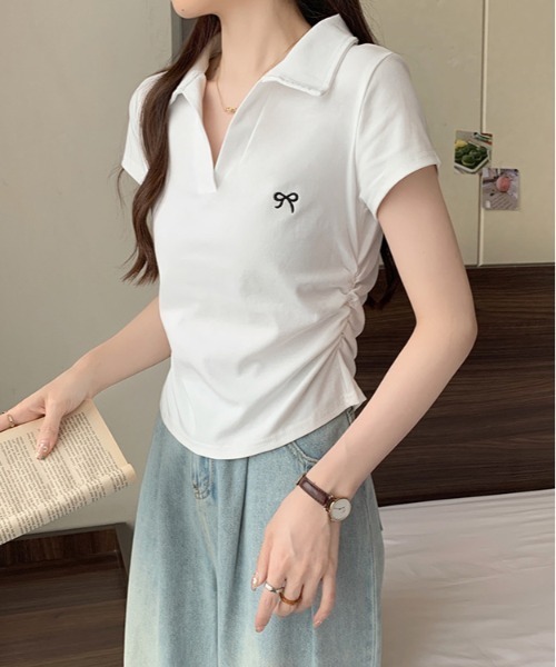 WEGO（ウィゴー）の「WEGO/前開きリボン刺繍ポロシャツTシャツ（Tシャツ/カットソー・レディース・ブラック/ホワイト/ピンク・LARGE/MEDIUM）」の12枚目の写真