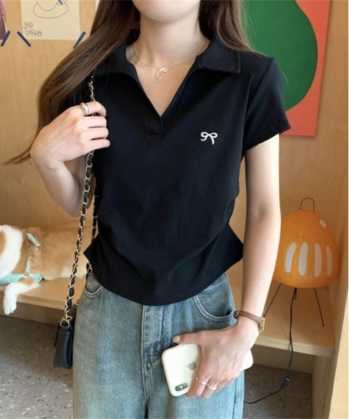 WEGO（ウィゴー）の「WEGO/前開きリボン刺繍ポロシャツTシャツ（Tシャツ/カットソー・レディース・ブラック/ホワイト/ピンク・LARGE/MEDIUM）」の9枚目の写真